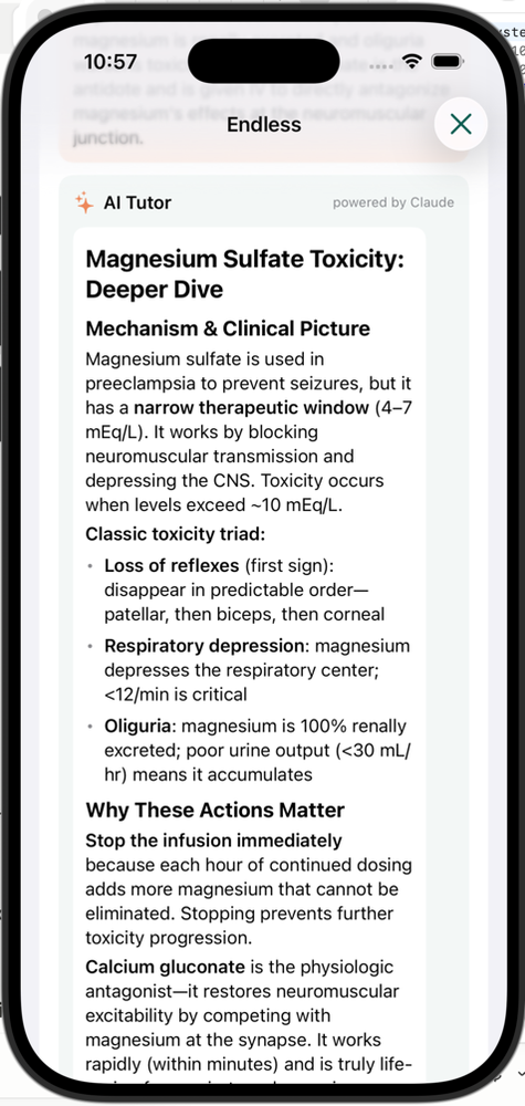 AI Tutor explaining a missed question — Magnesium Sulfate Toxicity