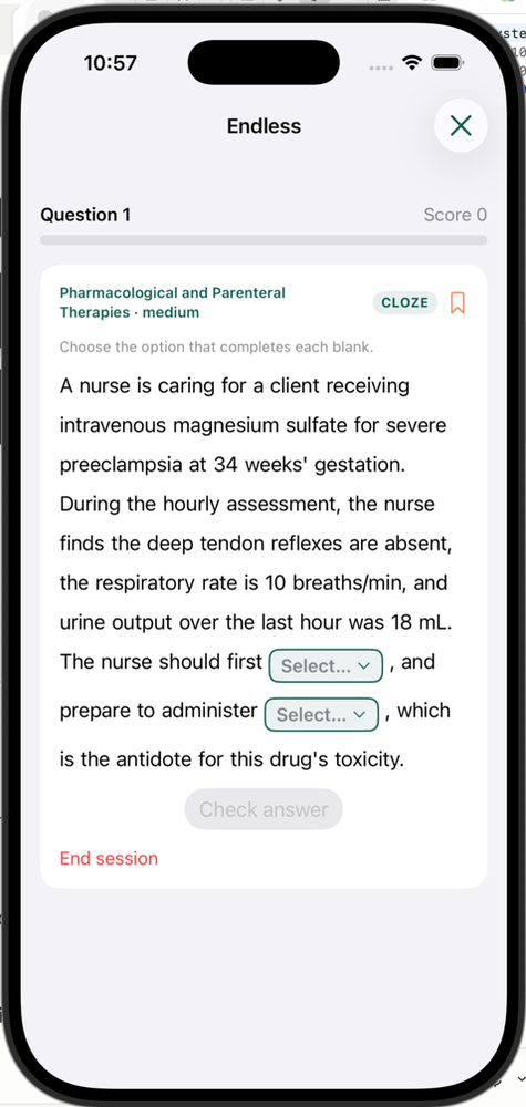 NGN Cloze drop-down item — fill in the clinical statement