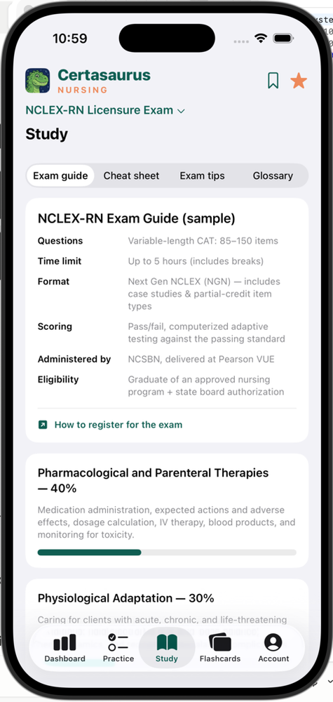 Study guide with exam facts and per-domain progress